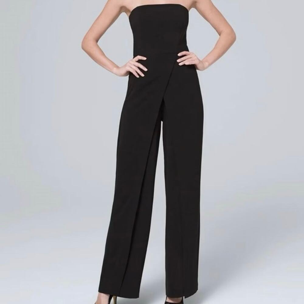 White House Black Market Black Strapless Wide-Leg Jumpsuit with Front Overlay
